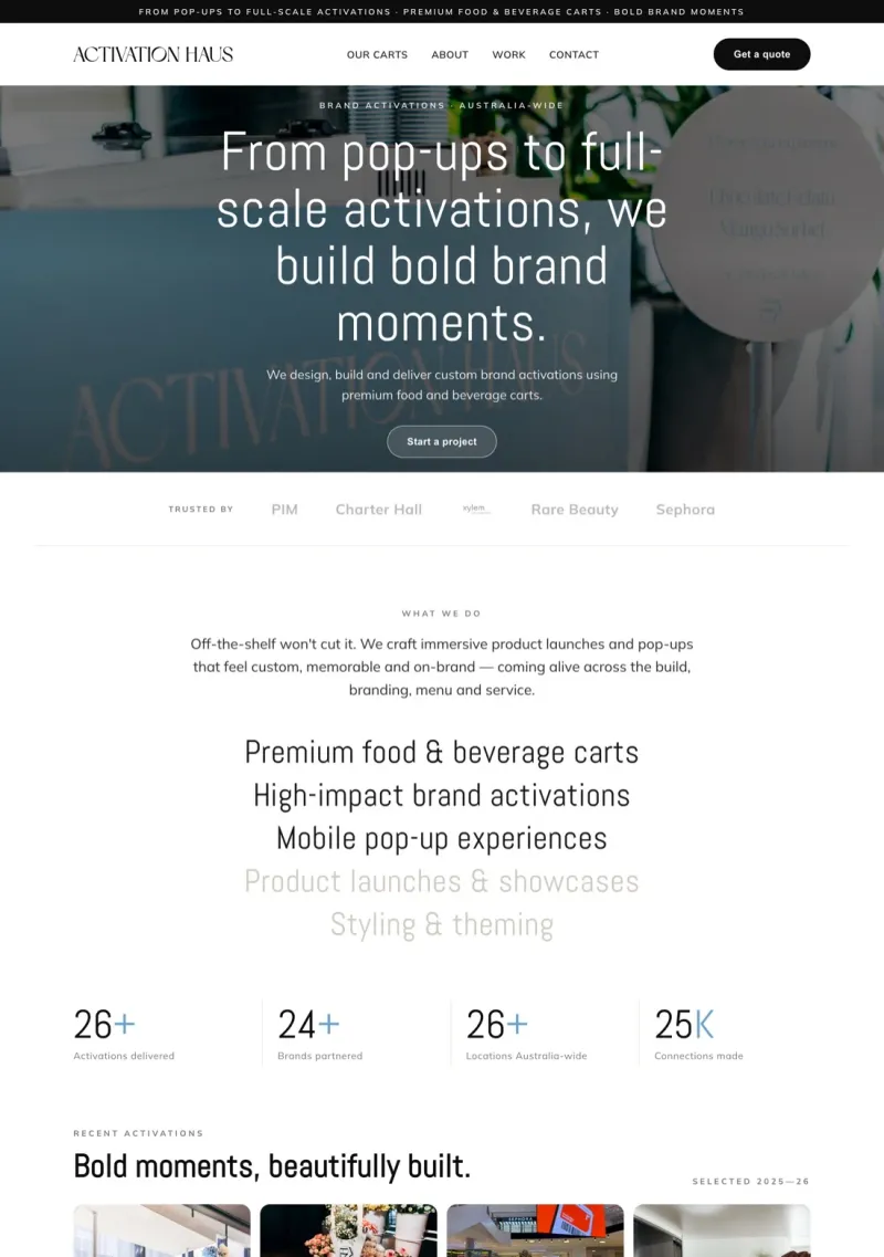 Activation Haus website — premium brand activations and food & beverage carts homepage