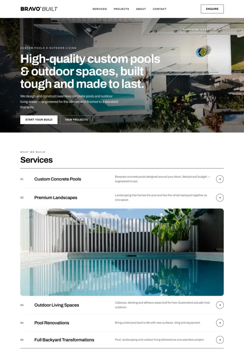 Bravo Built website — custom pools and outdoor living homepage, Sunshine Coast